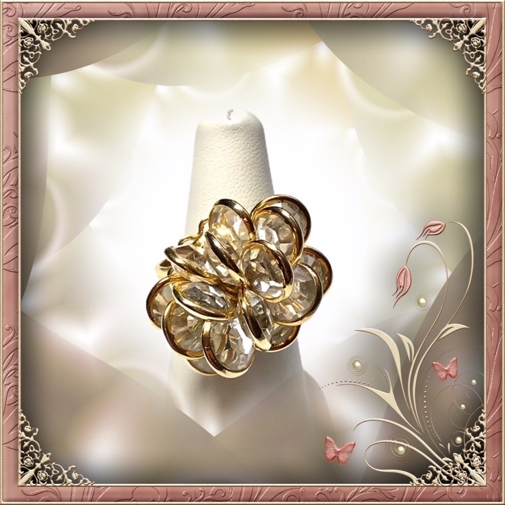 ADJUSTABLE Flower Crystal Ring Gold Accented - Picture 8 of 8